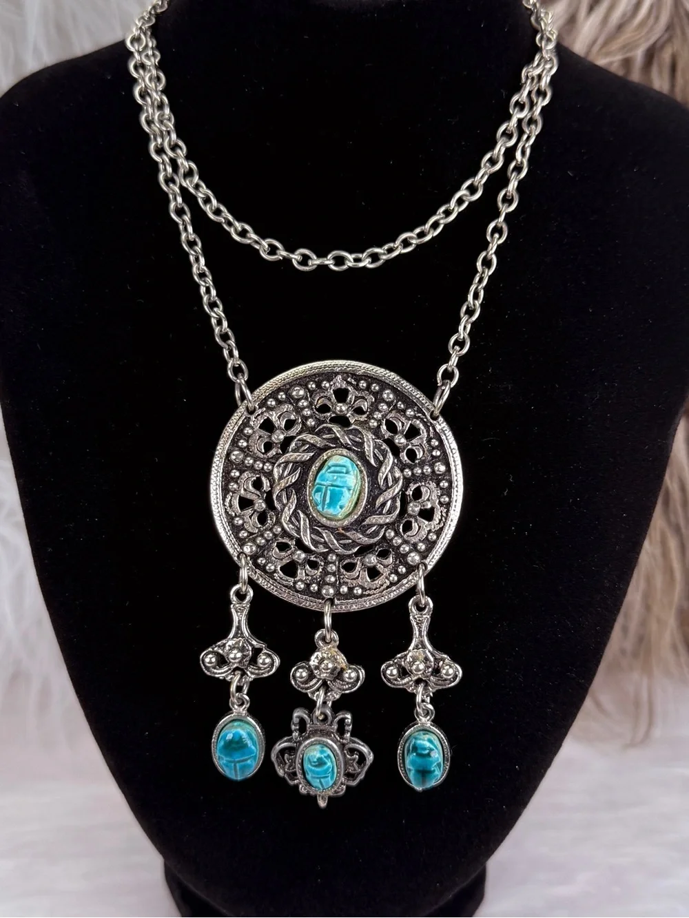 Egyptian Revival Scarab Medallion Necklace Blue Cabochon Dangles Silver Tone